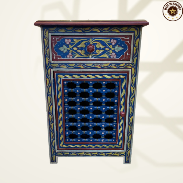 Moroccan Painted "Blue- Blueberry" Nightstand Table With Mushrabi/ Andalusian Style.