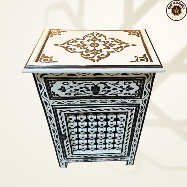 Moroccan Painted "White- Coconut" Nightstand Table With Mushrabi/ Andalusian Style.