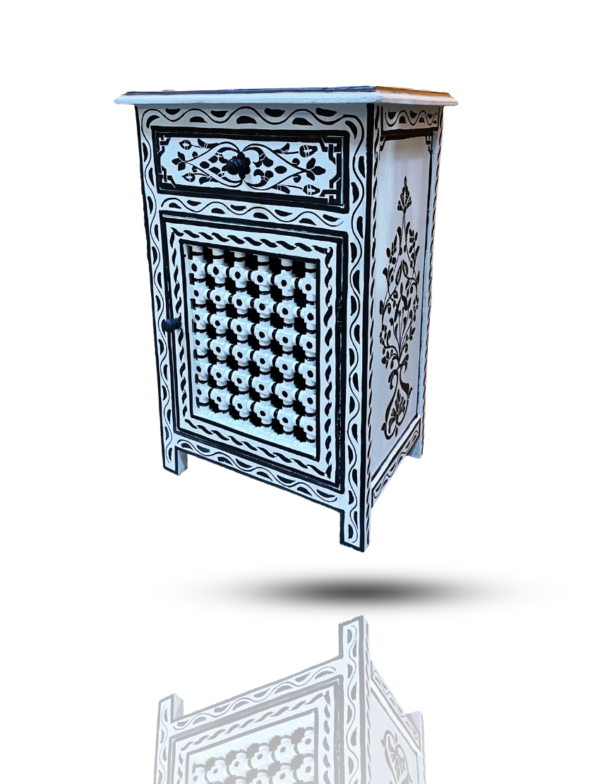 Moroccan Painted "White- Coconut" Nightstand Table With Mushrabi/ Andalusian Style.