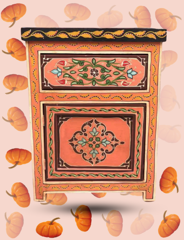 Moroccan Painted "Orange- Orange Squash" Nightstand Table/ Andalusian Style.