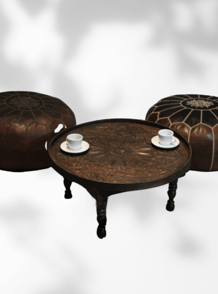 Small round coffee table handmade in Morocco from cedar wood with painted finish