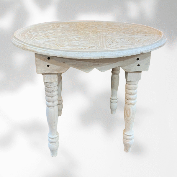 White Round Moroccan Carved Coffee Table/ Mida Table With Legs/ Amazigh Style.