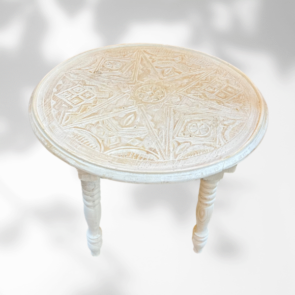 White Round Moroccan Carved Coffee Table/ Mida Table With Legs/ Amazigh Style.