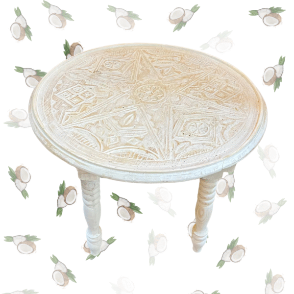 White Round Moroccan Carved Coffee Table/ Mida Table With Legs/ Amazigh Style.