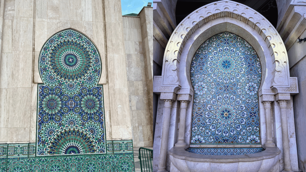 Close-up of white square Moroccan Zellige tiles, showing glaze variation and hand-chiseled edges.