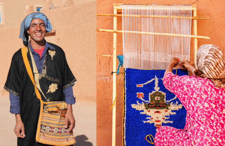 Amazigh man smiling and Amazigh woman weaving a traditional Moroccan rug, preserving indigenous craftsmanship.