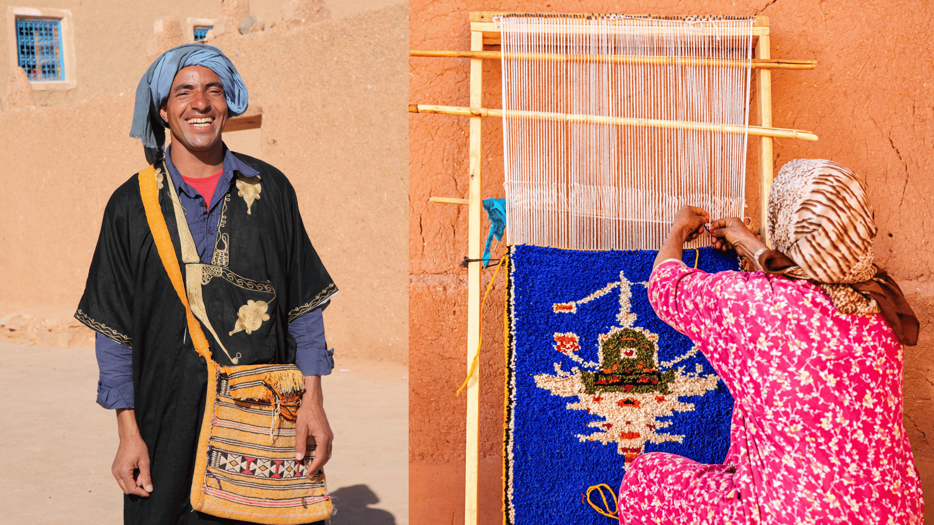 Amazigh man smiling and Amazigh woman weaving a traditional Moroccan rug, preserving indigenous craftsmanship.