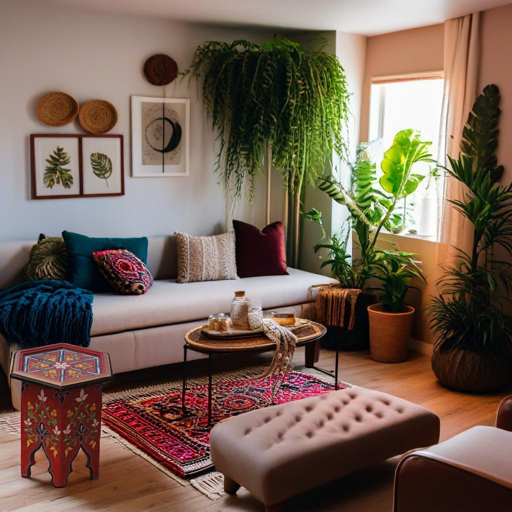 Painted Moroccan coffee table featuring traditional patterns—perfect for Boho home styling.