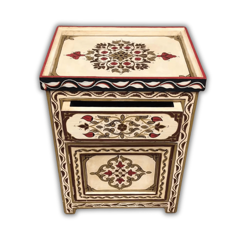 Boho-style Moroccan nightstand in cream and red tones – elegant choice for side tables near me seekers