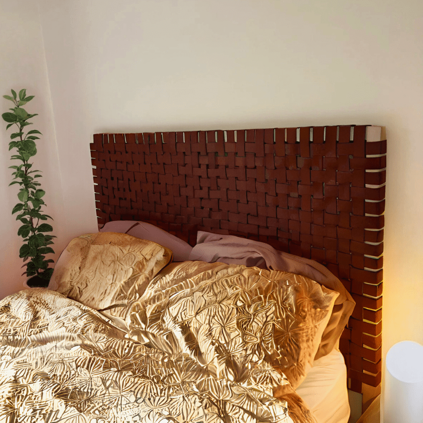 Leather Headboard With Wall Hangings in a cozy bedroom.