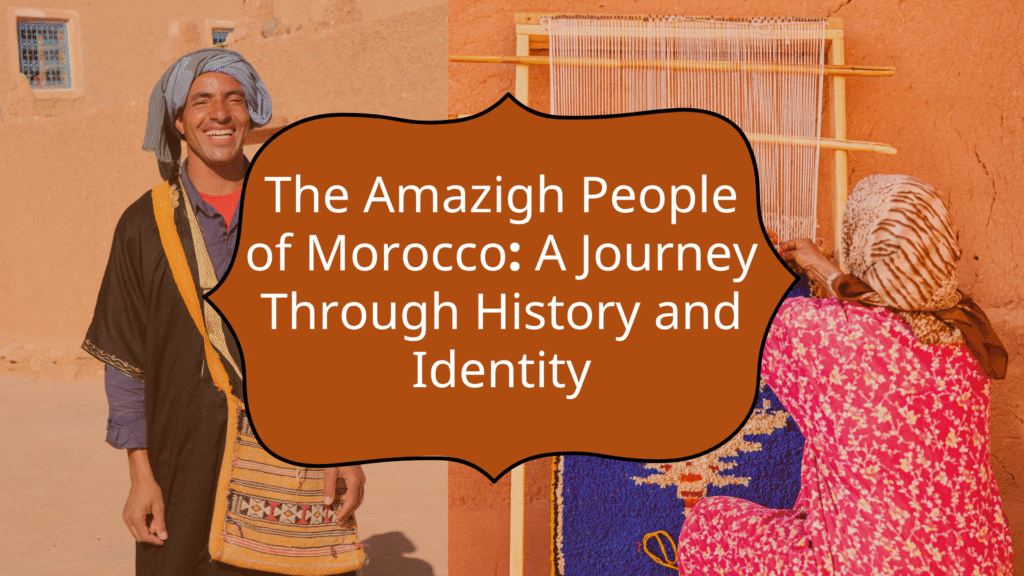 Amazigh man smiling and Amazigh woman weaving a traditional Moroccan rug, preserving indigenous craftsmanship.