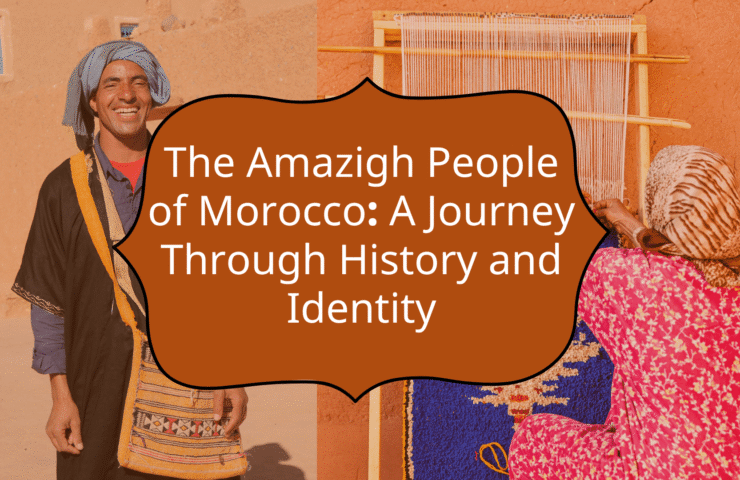 Amazigh man smiling and Amazigh woman weaving a traditional Moroccan rug, preserving indigenous craftsmanship.