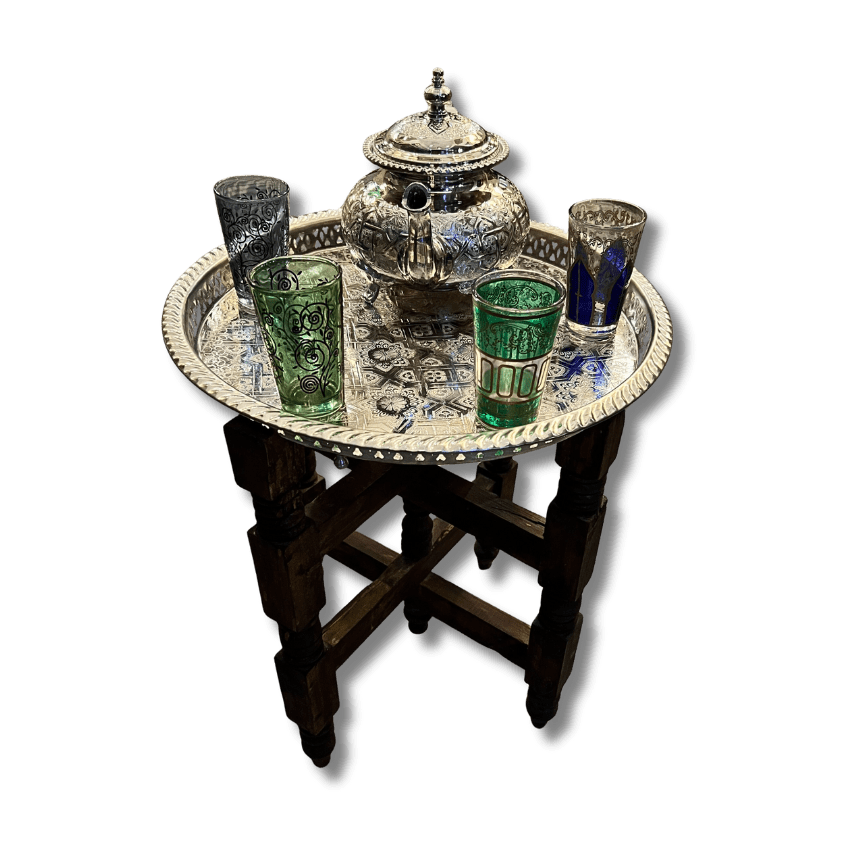 Moroccan folding tea table with brass tray and wooden base handcrafted by artisans