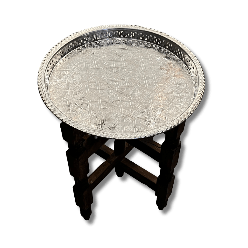 Moroccan folding tea table with brass tray and wooden base handcrafted