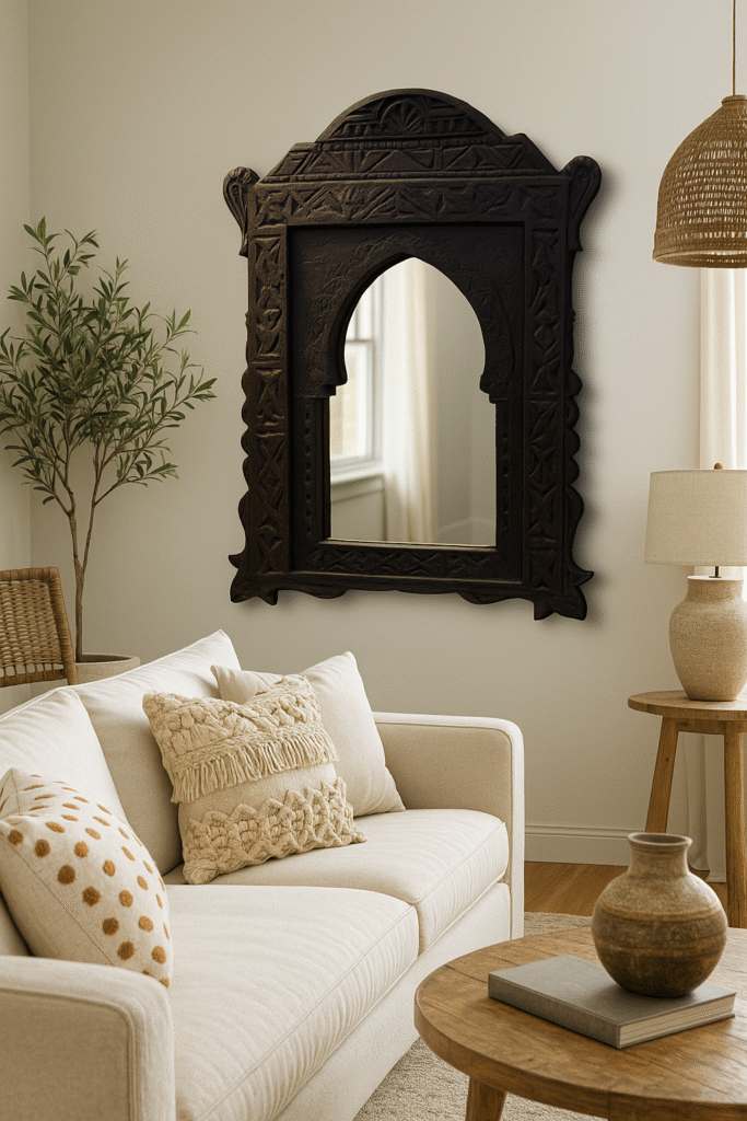 A Moroccan wall mirror arched styled in a cozy living room space, enhancing light and decor