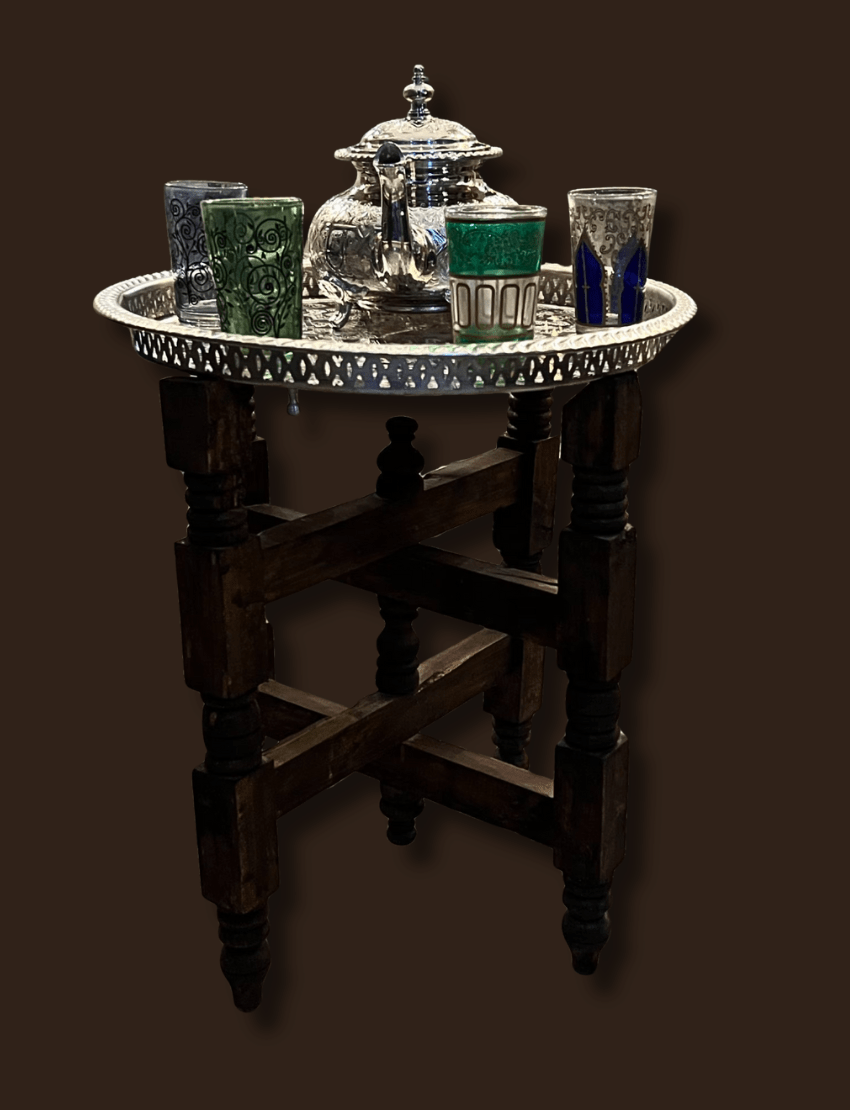 Moroccan folding tea table with brass tray and wooden base handcrafted by artisans