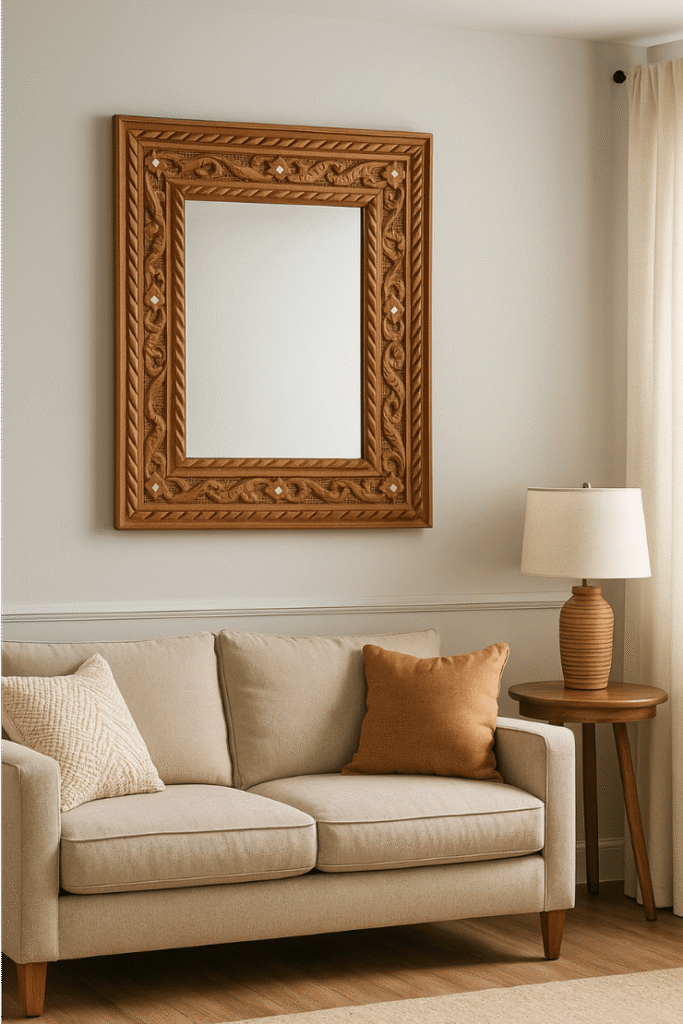A Moroccan wall mirror styled in a cozy living room