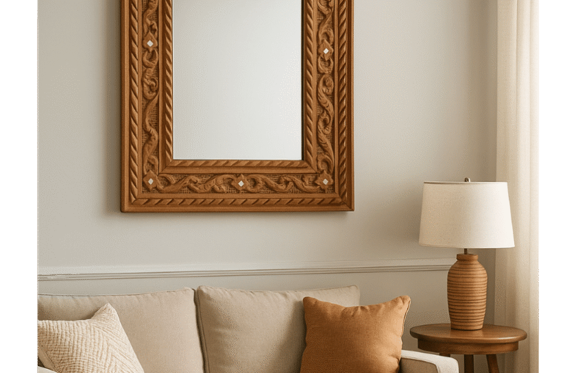 A Moroccan wall mirror styled in a cozy living room space, enhancing light and decor