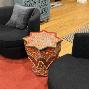 handmade Moroccan side tables and coffee table with carved wood details